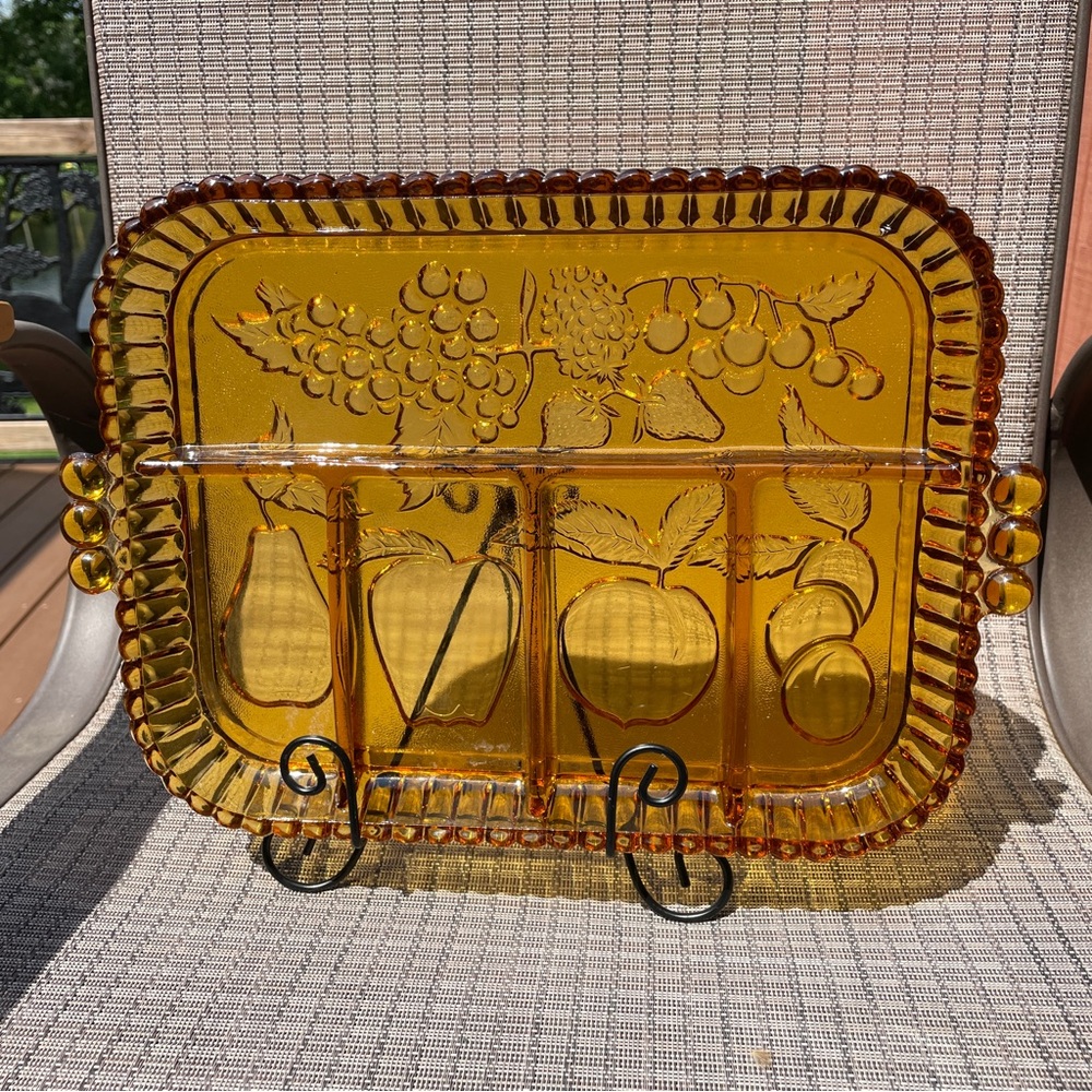 INDIANA GLASS AMBER DEPRESSION DIVIDED RELISH SERVING TRAY MID CENTURY MODERN